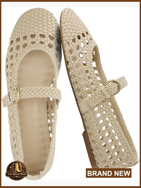 Shoes - Woven Mary Jane Ballet Flats with Adjustable Strap - Comfortable Cushion